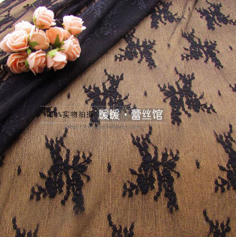 法国订单 蕾丝布料黑色刺绣网纱面料 弹力服装布料高端定制130cm