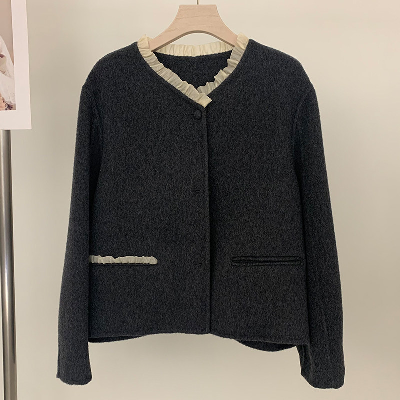 小香风木耳边羊毛呢外套女短款2026春款单排扣深灰色双面羊绒大衣,女装/女士精品,毛呢外套,淘宝优惠券,粉丝福利购,淘宝优惠卷