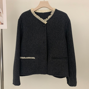 小香风木耳边羊毛呢外套女短款2026春款单排扣深灰色双面羊绒大衣