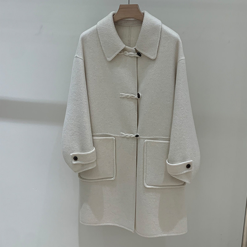 学院风双面羊绒大衣女中长款2025秋冬季新款韩系麻花扣羊毛呢外套