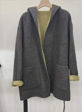 拼色连帽双面羊绒大衣女小个子2024秋冬新款Ab面系带宽松毛呢外套