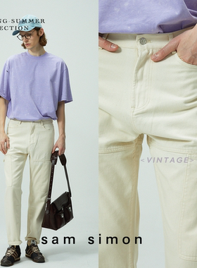 sam simon/夏季新品原胚色棉籽壳带分割工装牛仔休闲直筒长裤