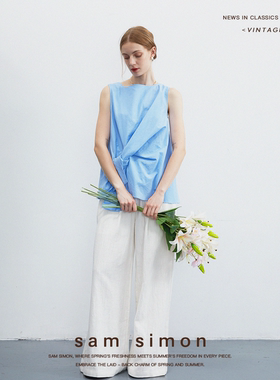 sam simon/夏季新品亚麻混纺清透感纽结设计背心无袖背心上衣
