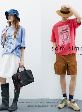 sam simon/夏季双纱纸感酵素做旧洗新疆棉‘米奇’印花短袖T恤