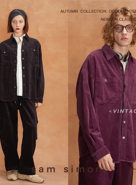 sam simon/24新品中古宽坑条手工磨破休闲卫衣卫裤套装男女同款