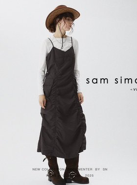 sam simon/【吴昕专属】夏日机能风轻薄自然褶皱大口袋工装连衣裙