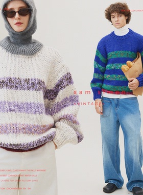 sam simon/90年代复古北欧风手工粗棒针花纱条纹圆领毛衣男女同款