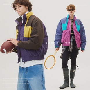 sporty复古学院风拼接结构户外立领羽绒服男女同款 sam simon