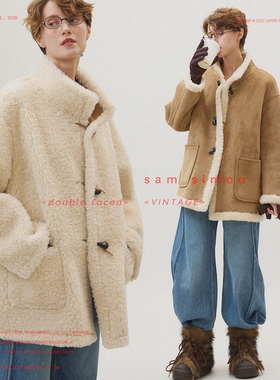 sam simon/冬日暖阳加厚复古羊羔毛牛角扣立领双面穿皮毛一体外套