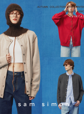 simon/秋冬新品复古撞色两面可穿拼接羊毛针织开衫外套男女同款