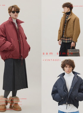 sam simon/简约中性风翻领衬衫版小格子机理羽绒服外套男女同款