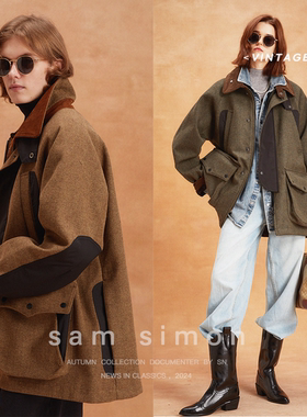 sam simon/秋冬巴恩风复古机能风猎装廓型版中长款翻领外套男女同