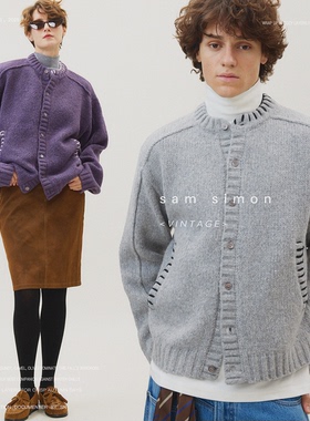 sam simon/90S柔感手工绣花领边羊毛混纺毛衣开衫男女同款