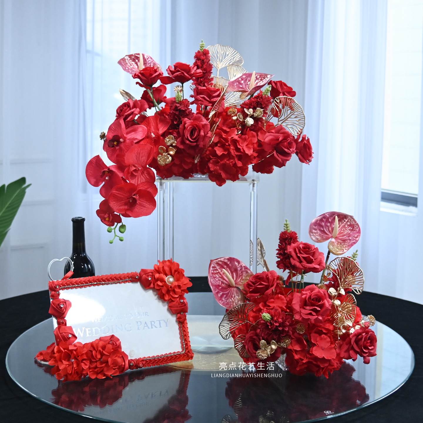 轻奢红金色酒店包厢餐桌中间摆花生日宴订婚宴仿真桌花西餐厅桌花