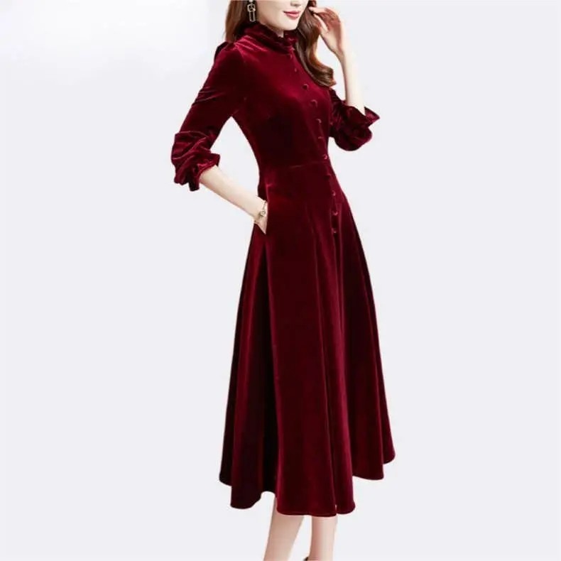 高端时尚酒红色金丝绒连衣裙2024年新款女装气质修身晚礼服中长款