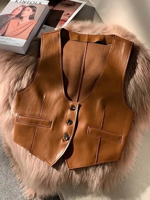 复古内搭皮马甲女外套秋冬女款叠穿棕色洋气坎肩马夹背心欧货上衣