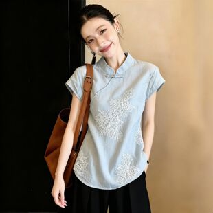 新中式风立领短袖刺绣上衣女2026夏季新款宽松百搭通勤气质衬衫