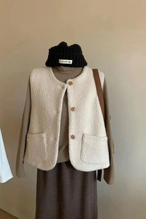 新款秋冬季女韩版洋气高档短款外套无袖口袋马甲外穿背心毛呢马夹