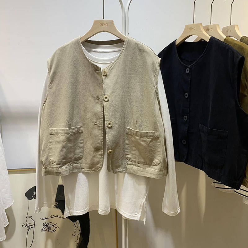 潮流百搭不挑人设计感复古圆领单排扣口袋无袖外套女宽松马甲背心