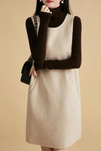优雅风高级气质秋冬季新品双面呢叠搭纯色中裙无袖背心毛呢连衣裙