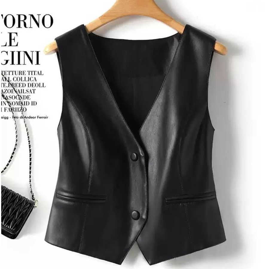 皮马甲女2025秋装新款V领PU皮简约显瘦百搭无袖马夹坎肩外套