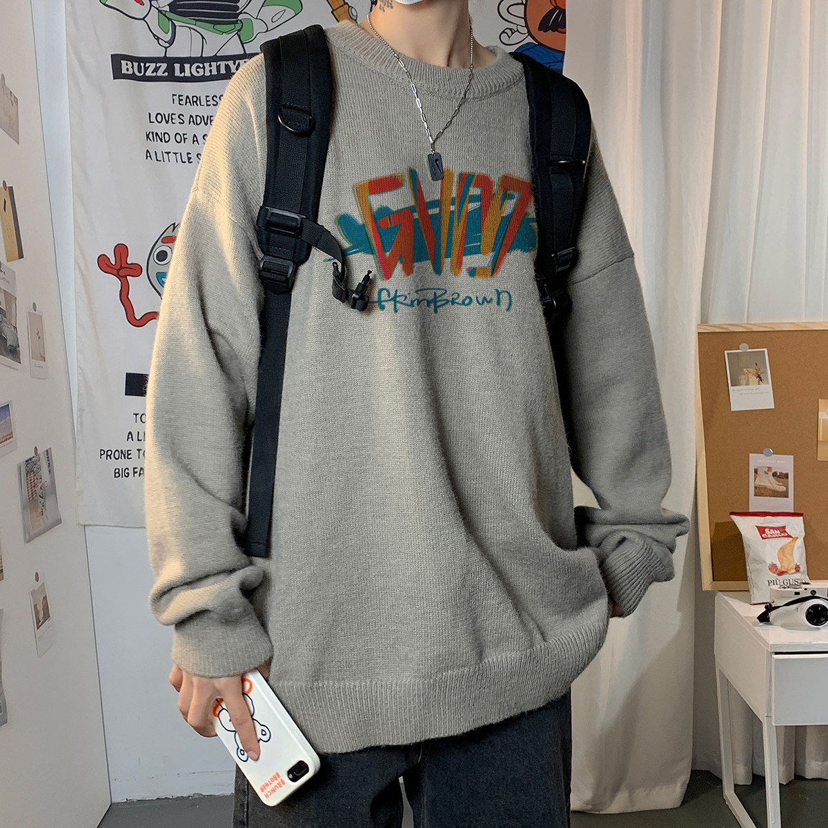 秋季港风长袖印花毛线毛衣男宽松休闲圆领套头针织衫线衣7483P48,男装针织衫/毛衣,星座227-7