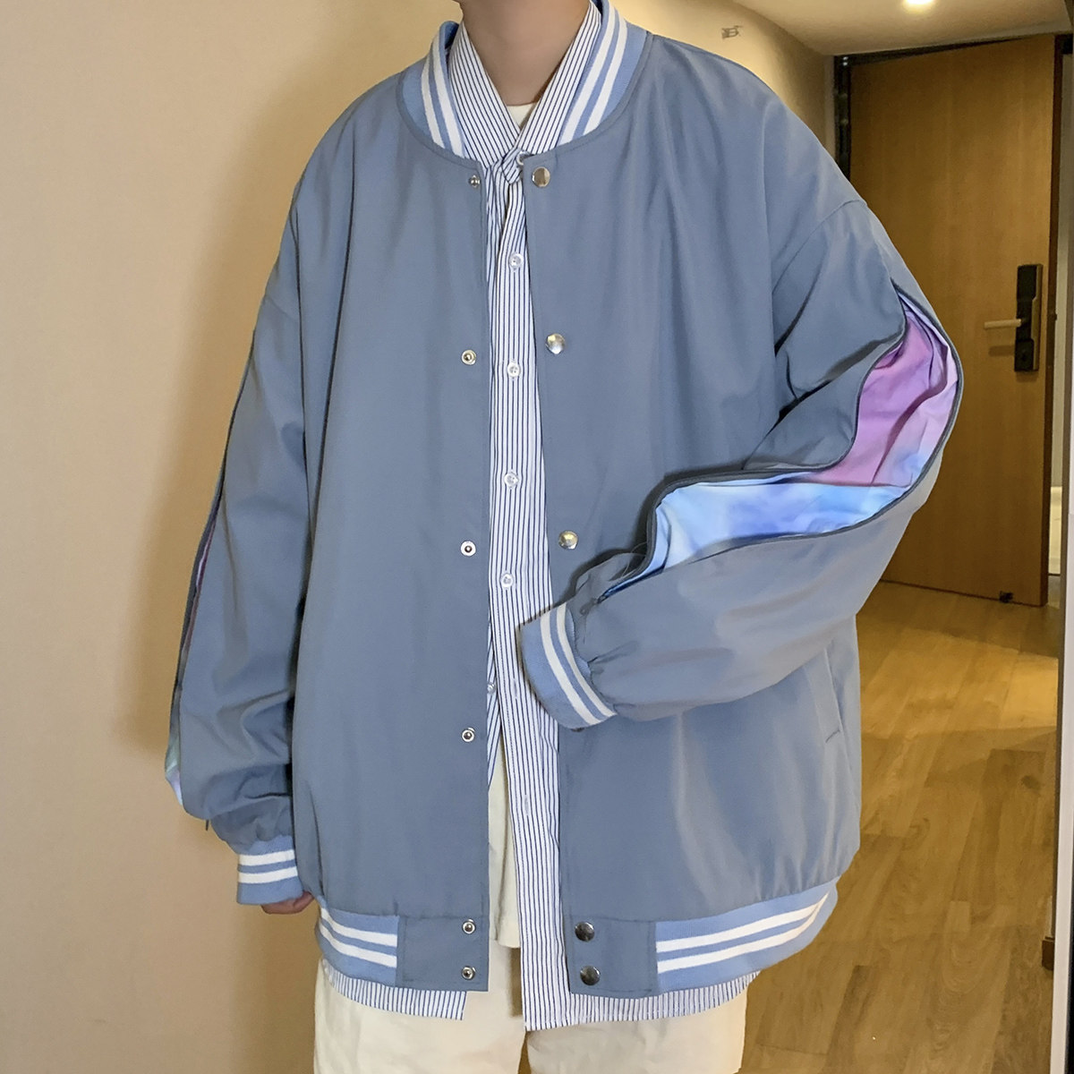 港风秋季潮牌休闲宽松潮流夹克男潮棒球服外套男7412P70图片