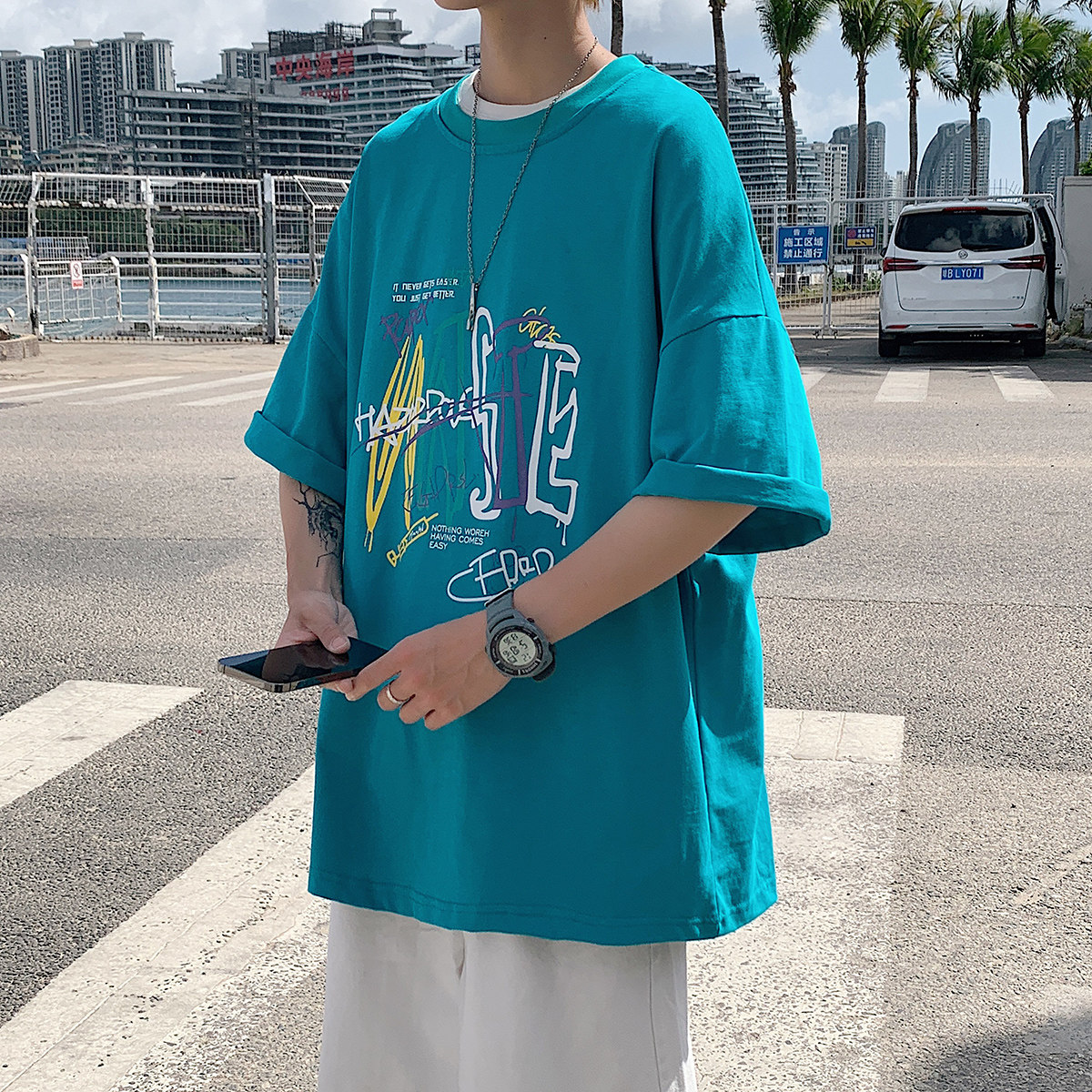 图案已注册港风日系中性休闲情侣大码风短袖T恤DT7735P28,男装T恤,星座227-7