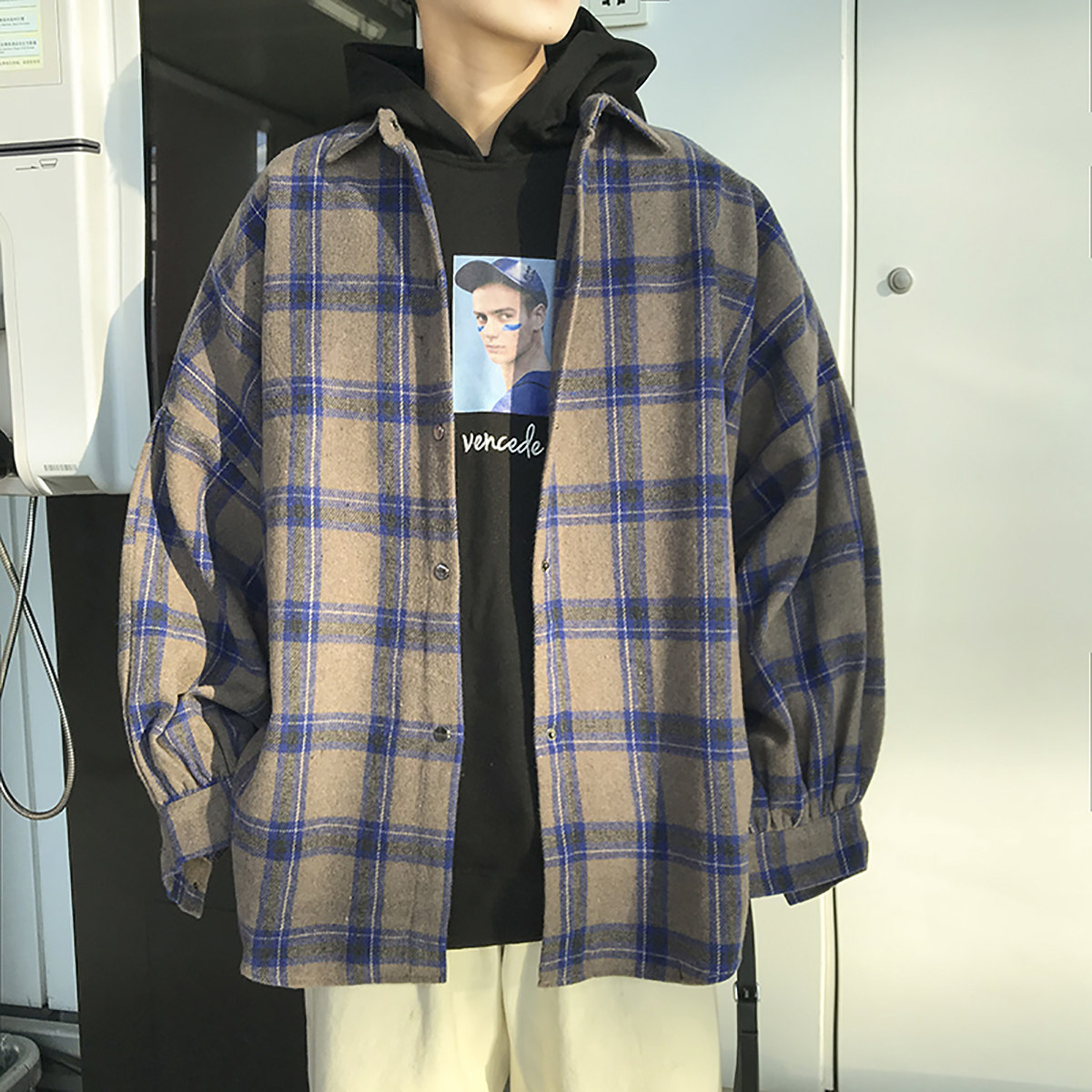 港风大码中性宽松磨毛呢料格子加厚长袖衬衫男7724P55,男装衬衫,星座227-7