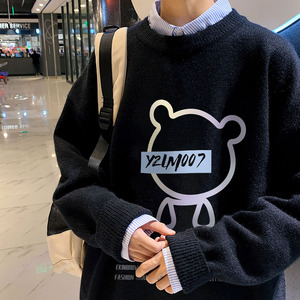 秋季港风长袖印花毛线毛衣男宽松休闲圆领套头针织衫线衣7771P48图片