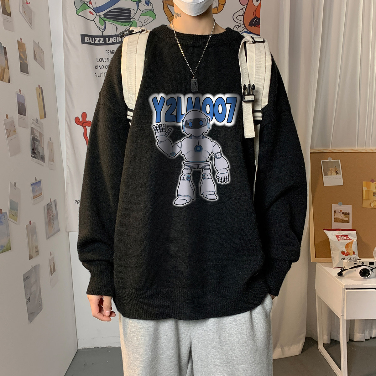 港风印花长袖毛线毛衣男宽松休闲圆领套头针织衫男线衣MY7446P48,男装针织衫/毛衣,星座227-7