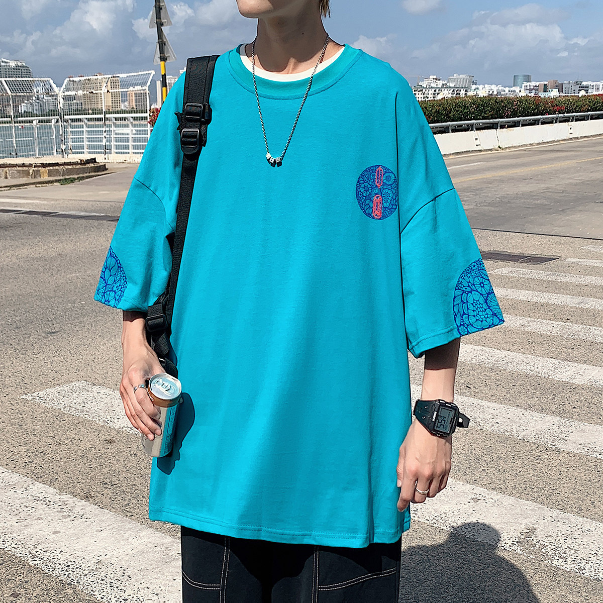 图案已注册港风青花瓷休闲情侣大码风短袖T恤DT7606P35,男装T恤,星座227-7