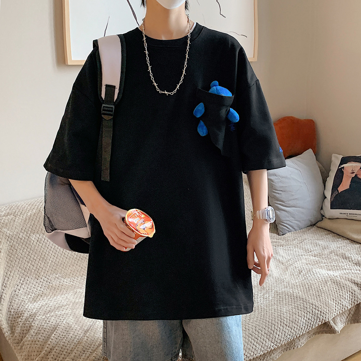 港风中性休闲运动情侣大码嘻哈网红小熊圆领短袖T恤男DT7745P55，男装T恤，星座227-7