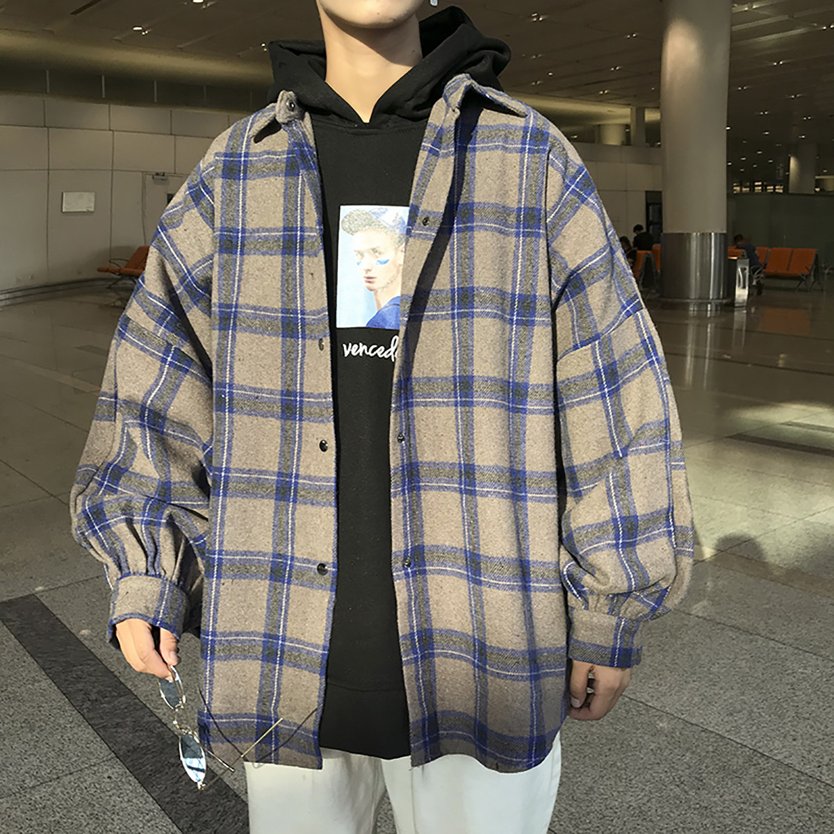 港风大码中性宽松磨毛呢料格子加厚长袖衬衫男7724P55,男装衬衫,星座227-7