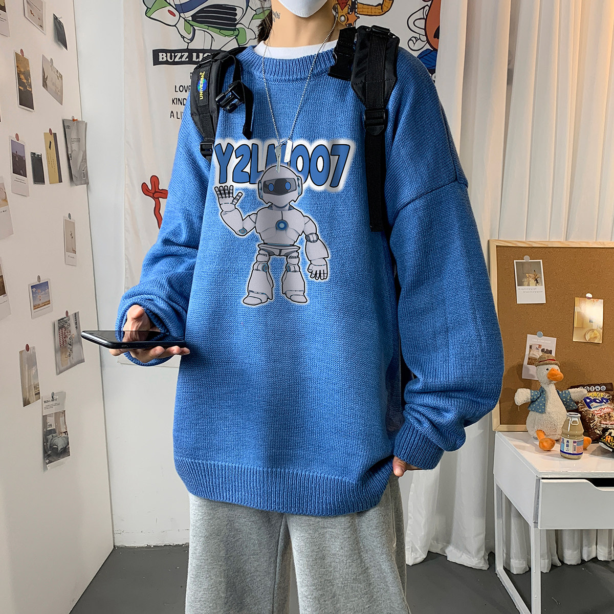 港风印花长袖毛线毛衣男宽松休闲圆领套头针织衫男线衣MY7446P48图片