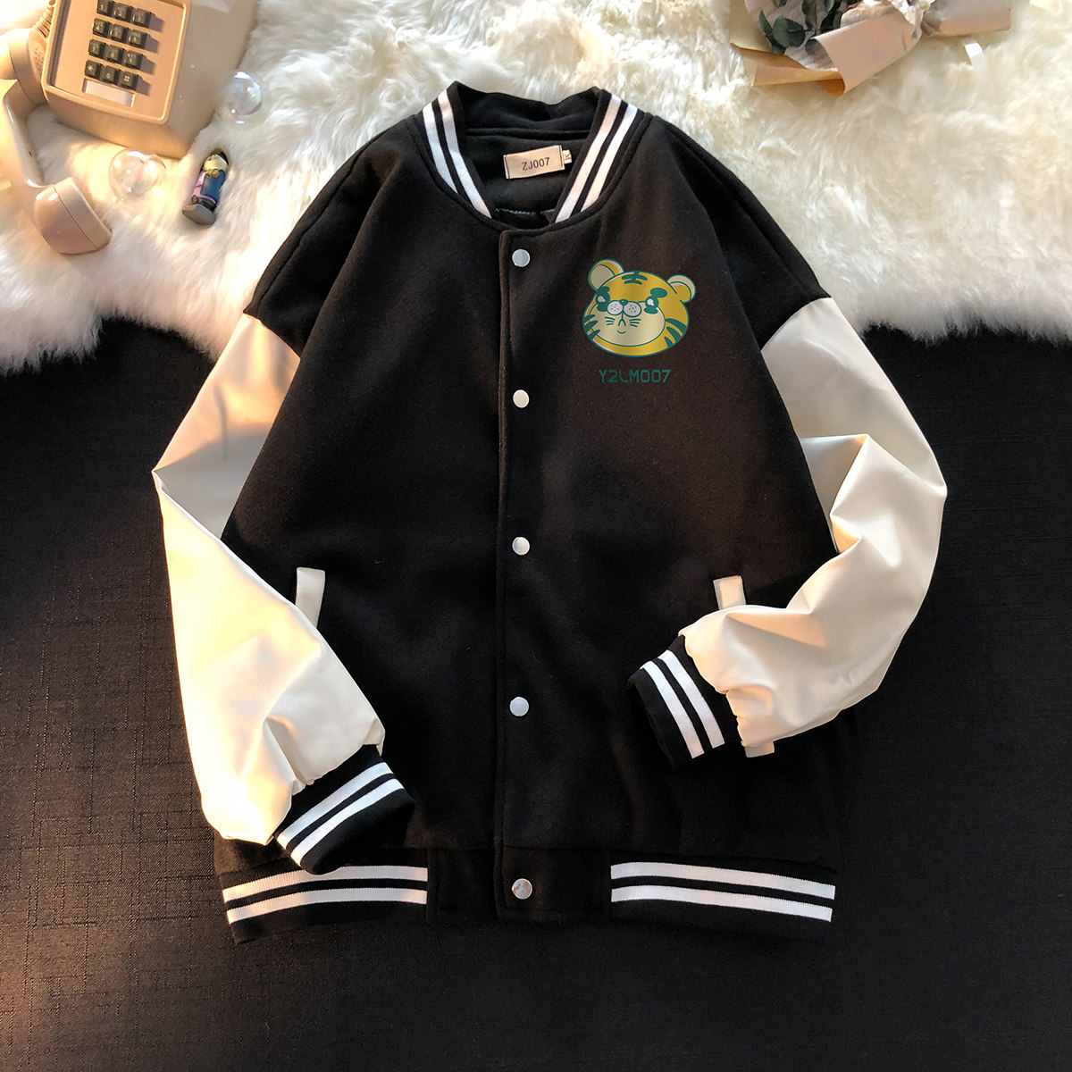 港风潮牌休闲宽松夹克男潮虎年老虎印花棒球服外套男JK7738P75图片