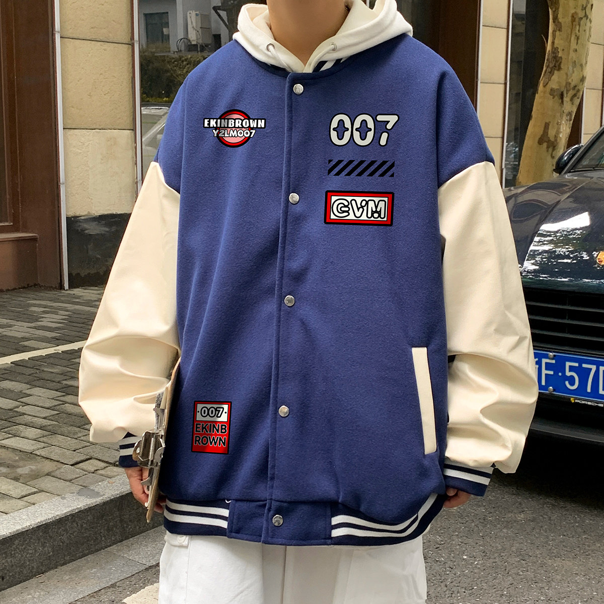 港风潮牌休闲宽松条纹印花潮棒球服男夹克男外套男JK7583P78图片