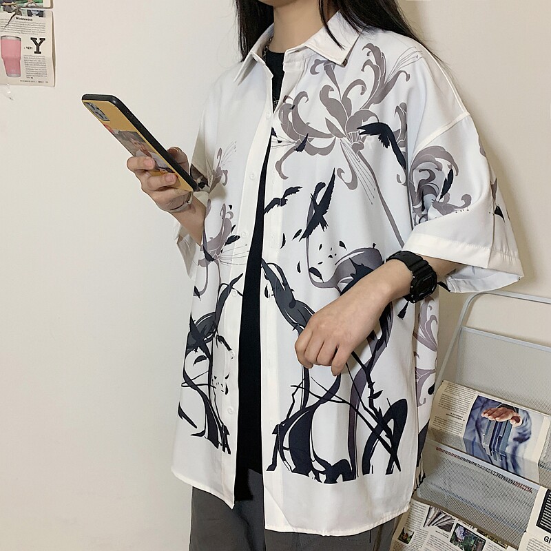 港风春季休闲情侣大码衬衫男潮流帅气短袖衬衣7854P45,男装衬衫,星座227-7