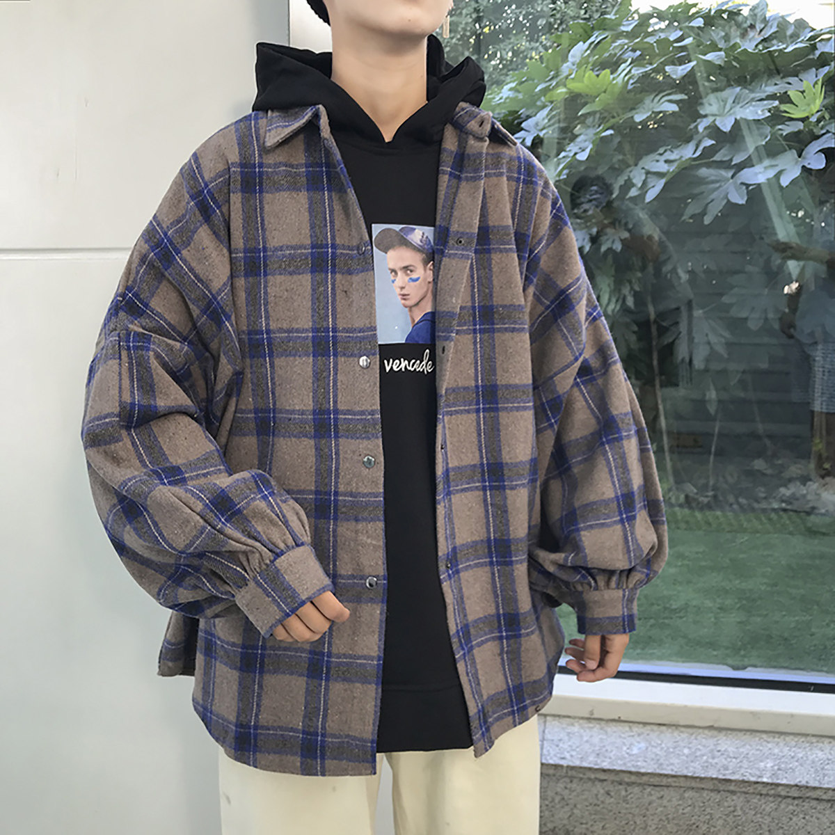 港风大码中性宽松磨毛呢料格子加厚长袖衬衫男7724P55图片