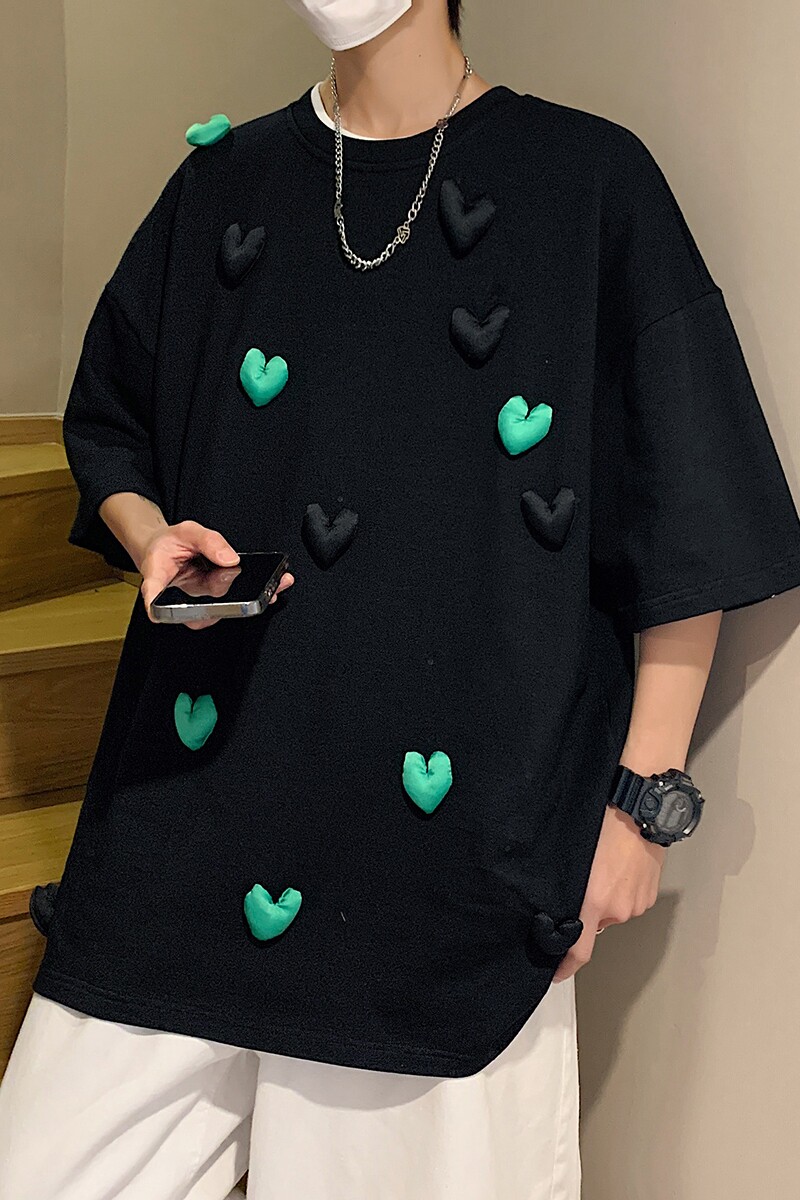 港风中性休闲运动情侣大码嘻哈网红小爱心圆领短袖T恤男DT7742P55,男装T恤,星座227-7
