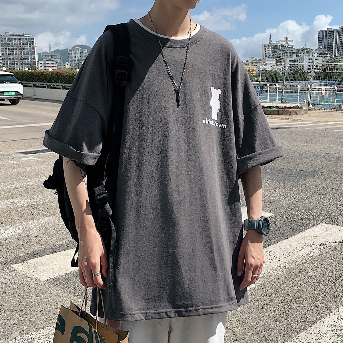 图案已注册港风日系中性休闲情侣大码风短袖T恤DT7736P25,男装T恤,星座227-7