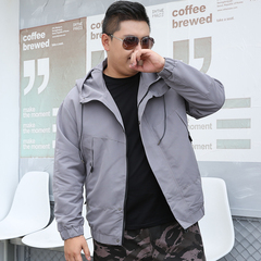 男大碼連帽薄款刺繡夾克外套