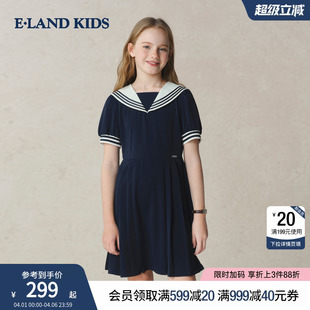 eland 女童连衣裙夏季 休闲海军领短袖 裙演出服百褶裙 kids衣恋童装