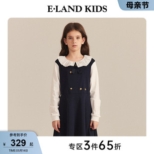 新品 eland 2024年春季 女童复古优雅假两件长袖 kids衣恋童装 连衣裙