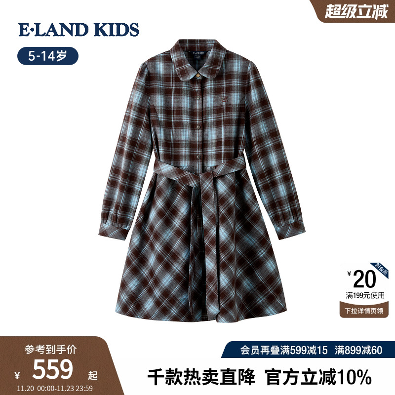 elandkids女童复古格纹连衣裙