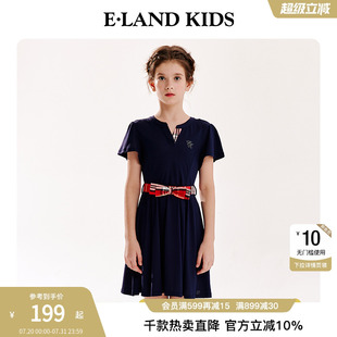 裙子休闲 eland kids衣恋童装 女童连衣裙夏季 复古英伦风小V领短袖