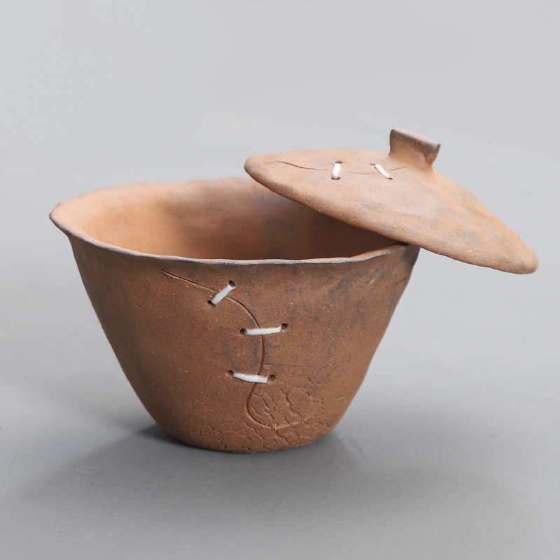 手工捏的盖碗老岩泥粗陶复古仿锔钉创意茶具日式家用宽口泡茶碗杯