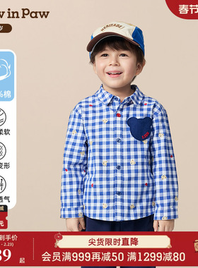 【商场同款】PawinPaw卡通小熊童装25年秋季新款男宝宝格子衬衫