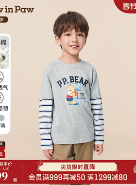 【长绒棉】PawinPaw卡通小熊童装25年秋季新款男童假两件T恤