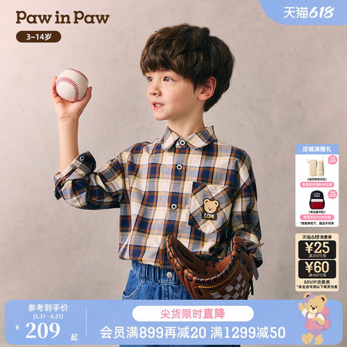 PawinPaw卡通小熊童装26年春夏季新款男童儿童宽松翻领格纹衬衫